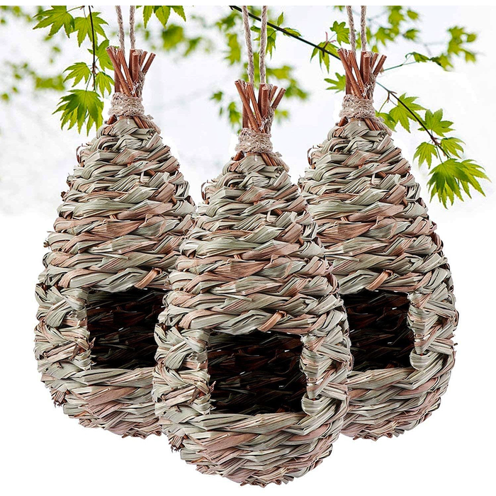 Hummingbird Birdhouse for Outside Hanging, Grass Hand Woven Bird Nest, Natural Bird Hut (3 Pack)