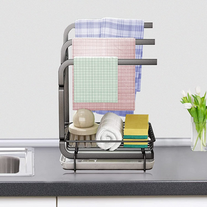 Sponge Holder Drain Pan Kitchen Sink Caddy Organizer Sponge Brush Soap Dish Dishcloth Rack (Black)