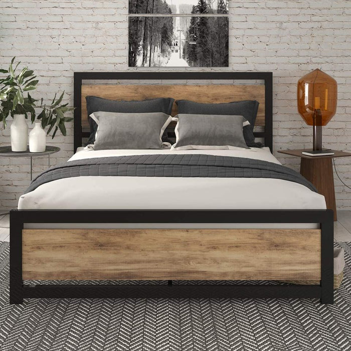 Modern Queen Size Bed Frame with Headboard Rustic Metal Platform Bed Frame, Brown