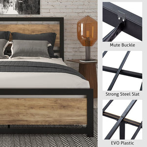 Modern Queen Size Bed Frame with Headboard Rustic Metal Platform Bed Frame, Brown