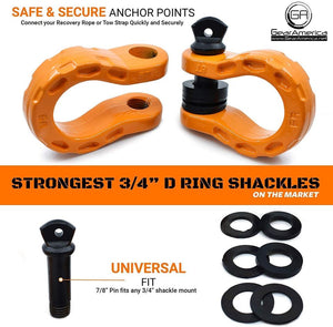 2 Pack Tow Shackle Orange 68,000 lbs Capacity, Stronger Than 3/4" D Rings – Tow Shackle, 7/8" Pin & Washers Connect Tow Strap or Winch Rope