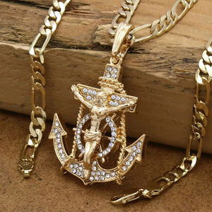 R46 - 14K Gold Plated Jesus Anchor Pendant Hip-Hop 5mm/24" Figaro Chain