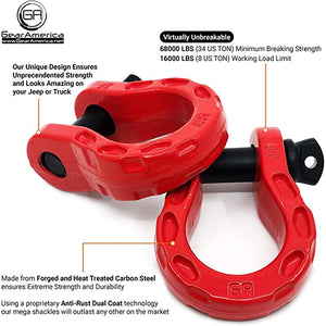 2 Pack Tow Shackle Red 68,000 lbs Capacity, Stronger Than 3/4" D Rings – Tow Shackle, 7/8" Pin & Washers Connect Tow Strap or Winch Rope