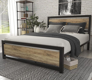 Modern Queen Size Bed Frame with Headboard Rustic Metal Platform Bed Frame, Brown