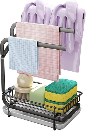 Sponge Holder Drain Pan Kitchen Sink Caddy Organizer Sponge Brush Soap Dish Dishcloth Rack (Black)