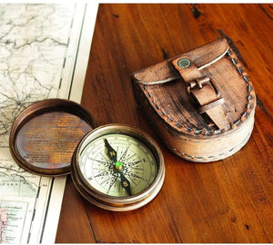 Antiqued Brass Poem Compass with Leather Case