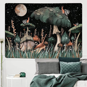 Trippy Mushroom Tapestry Moon & Stars Tapestry Snail | Fantasy Plants & Leaves Tapestry