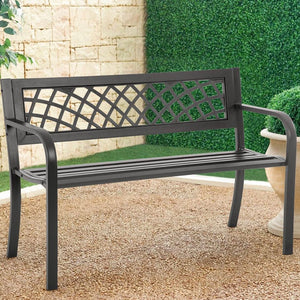 Outdoor Benches,Iron Steel Frame Patio Bench with Mesh Pattern and Plastic Backrest Armrests