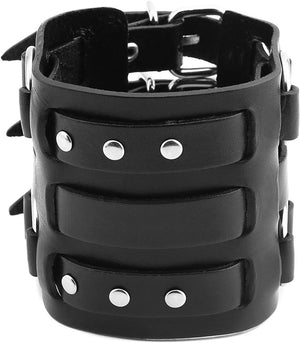 Men's Metal Ring Genuine Leather Bracelet Adjustable Black