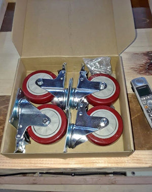 Brand New! Caster Wheels Swivel Plate with Brake On Red Polyurethane Wheels, 4 Pack