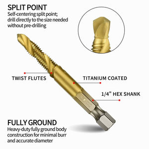 (7 Pcs) -1/4" Hex Shank Titanium Combination Drill and Tap Set | Titanium Coated