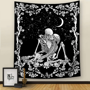 The Kissing Lovers Black and White Romantic Moon Constellation Skeleton Tapestry, 51.2” x 59.1”