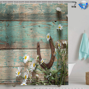 Floral Flower Shower Curtain, Teal Rustic Wooden Farm Farmhouse