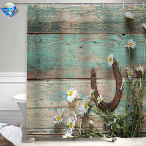Floral Flower Shower Curtain, Teal Rustic Wooden Farm Farmhouse