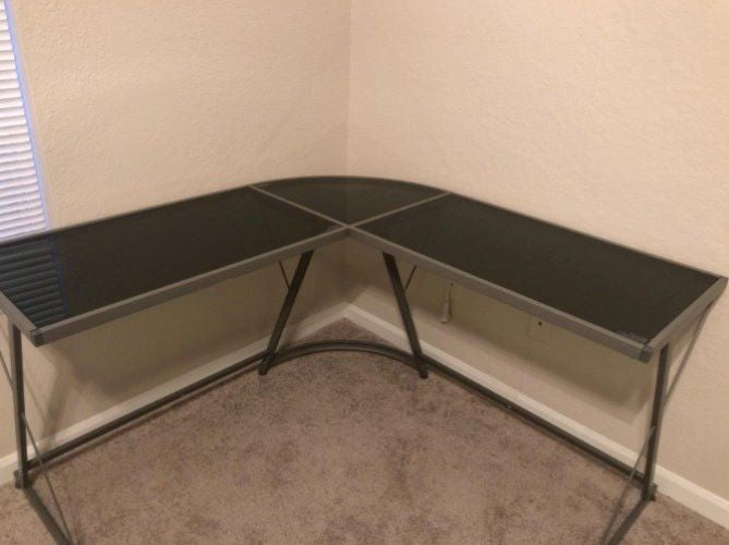 New - Gaming Desk Computer L-Shape Corner Studio Table, Black, Glass Top