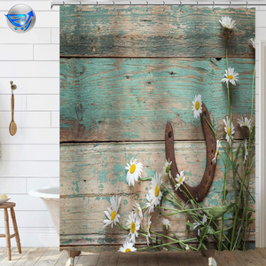 Floral Flower Shower Curtain, Teal Rustic Wooden Farm Farmhouse