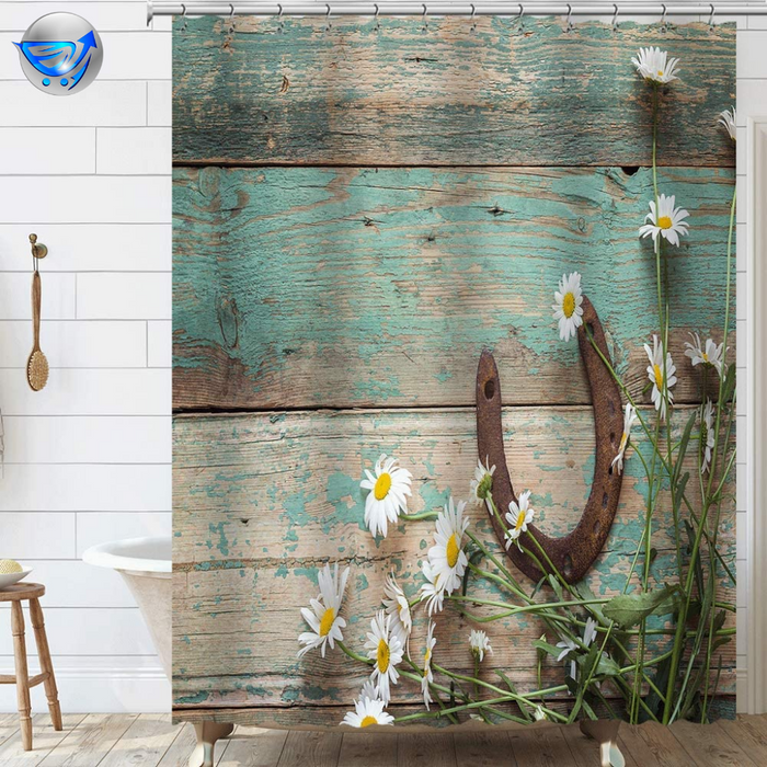 Floral Flower Shower Curtain, Teal Rustic Wooden Farm Farmhouse