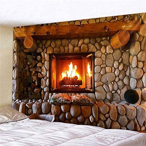 Retro Fireplace Tapestry Art Stove Wall Hanging Room Bedspread Decor (59 x 51 inches)