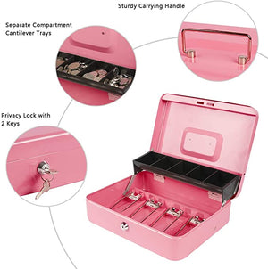 Extra Large Cash Box With Lock And Key, Money Box With Tray, Pink