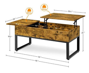 New! Lift-top Split Coffee Table With Hidden Storage Compartments, Side Drawer, Rustic Brown