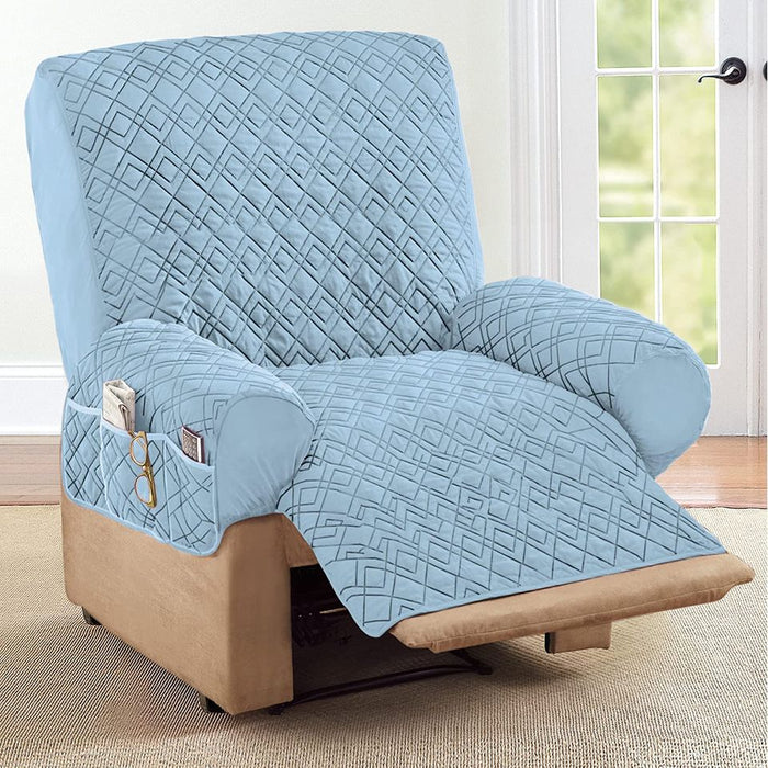 Diamond Quilted Stretch Recliner Cover with Storage Blue Recliner