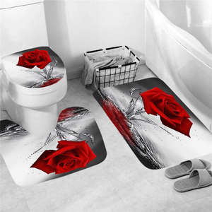 💥NEW💥4PCS Red Rose Shower Curtain Sets with Non-Slip Rugs ,Toilet Lid Cover and Bath Mat