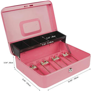 Extra Large Cash Box With Lock And Key, Money Box With Tray, Pink