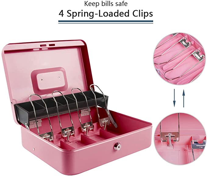 Extra Large Cash Box With Lock And Key, Money Box With Tray, Pink
