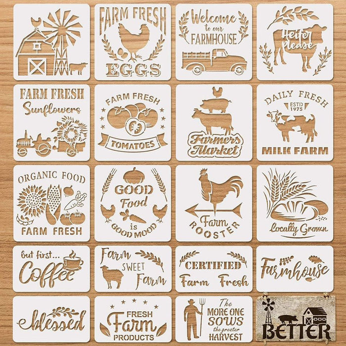 New! 20pcs Farmhouse Stencil Farm Theme Reusable Stencils Painting Wood Cow Sunflower Vintage Truck