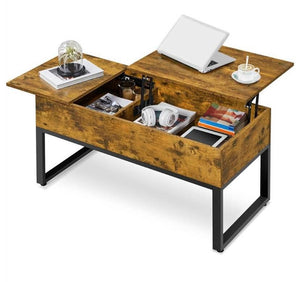 New! Lift-top Split Coffee Table With Hidden Storage Compartments, Side Drawer, Rustic Brown