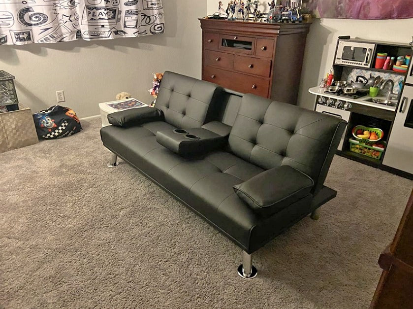 Sofa Bed Futon Couch Modern Convertible Folding Recliner With 2 Cup Holders, Black