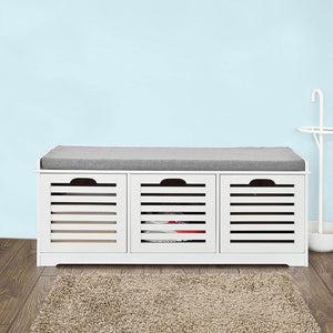 New White Hallway Storage Bench with 3 Drawers & Padded Seat Cushion