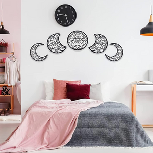 5pcs of Moon Wooden Phase Spiritual 🔥 Bedroom Boho Wall Hanging Decor Above Bed Living Room Unique Aesthetic Art Decoration ✅ Black