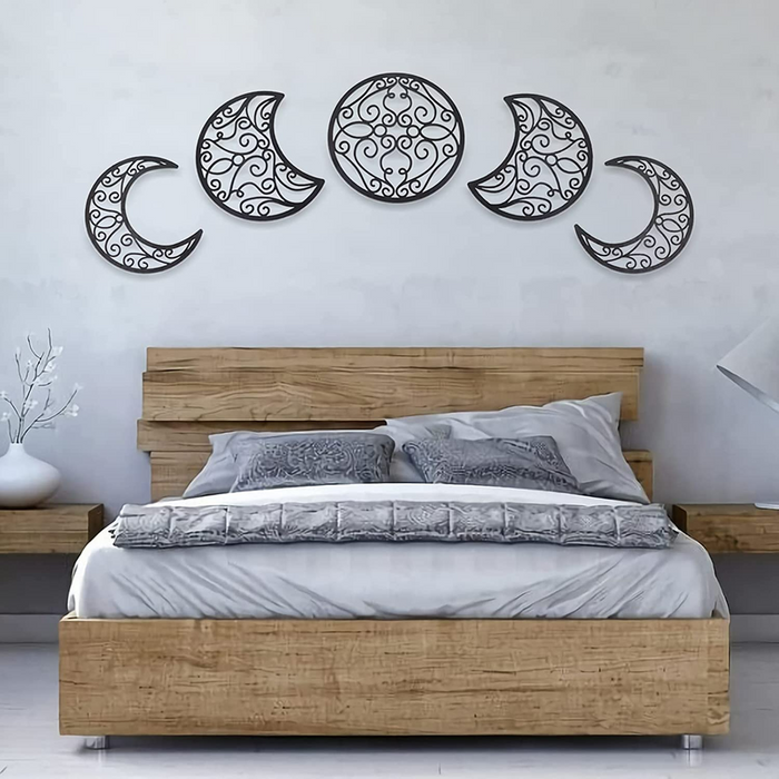 5pcs of Moon Wooden Phase Spiritual 🔥 Bedroom Boho Wall Hanging Decor Above Bed Living Room Unique Aesthetic Art Decoration ✅ Black