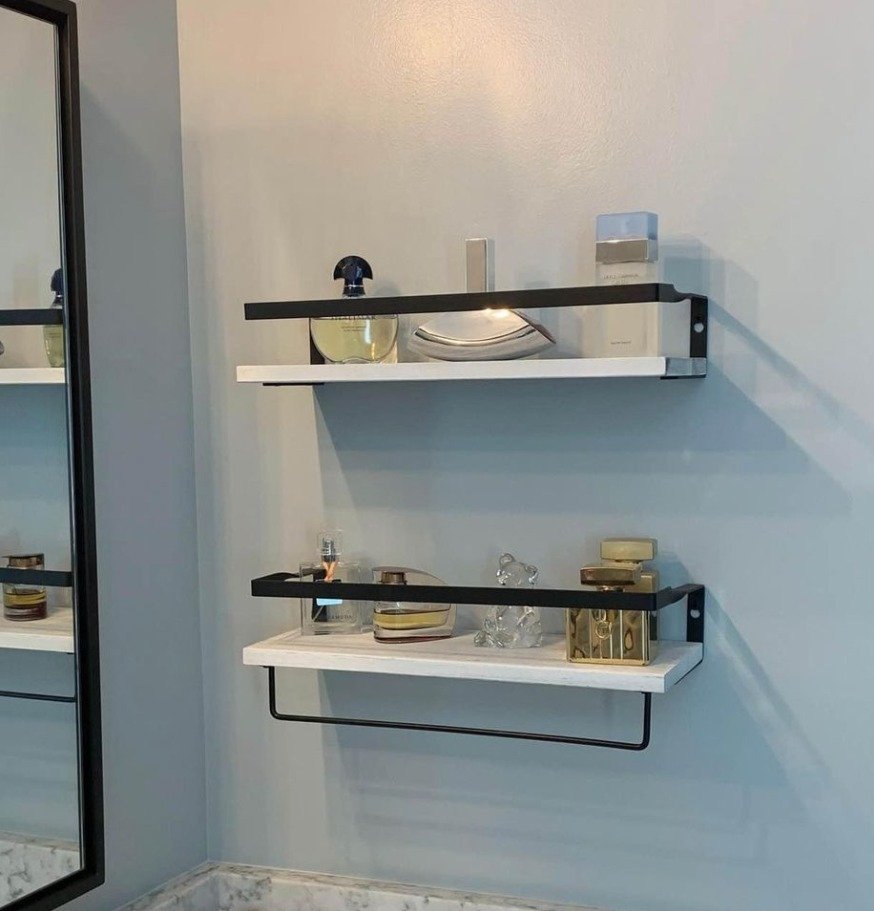 Set of 2 White Floating Shelves for Wall, Rustic Wood Floating Shelf with Rails & Towel Holder NEW
