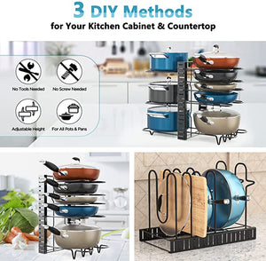 Pots and Pans Organizer for Cabinet, 8 Tier Pot Rack with 3 DIY Methods, Adjustable Pan O...