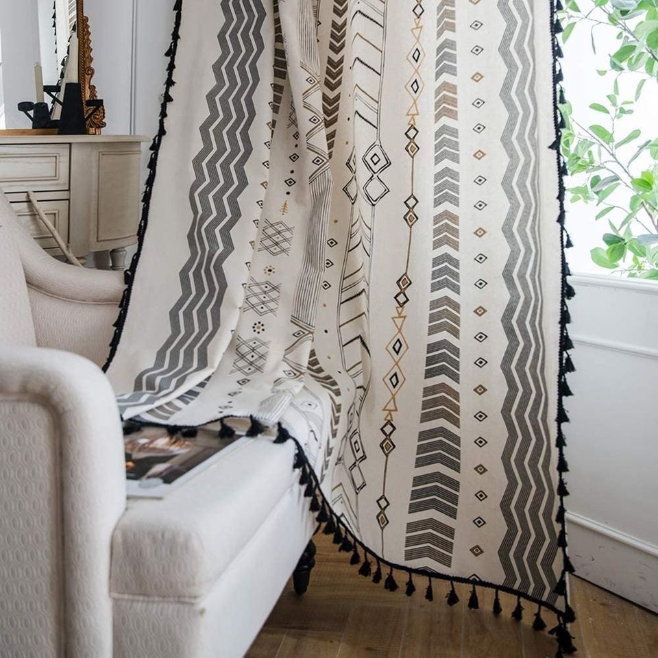 Set of 2 Farmhouse Boho Tribal Window Curtains Rod Pocket Semi-Blackout Cotton Linen 59''W x 63''L