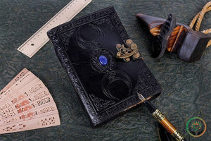 Vintage Leather Journal with Semi Precious Stone Black Triple Moon Design 200 pages