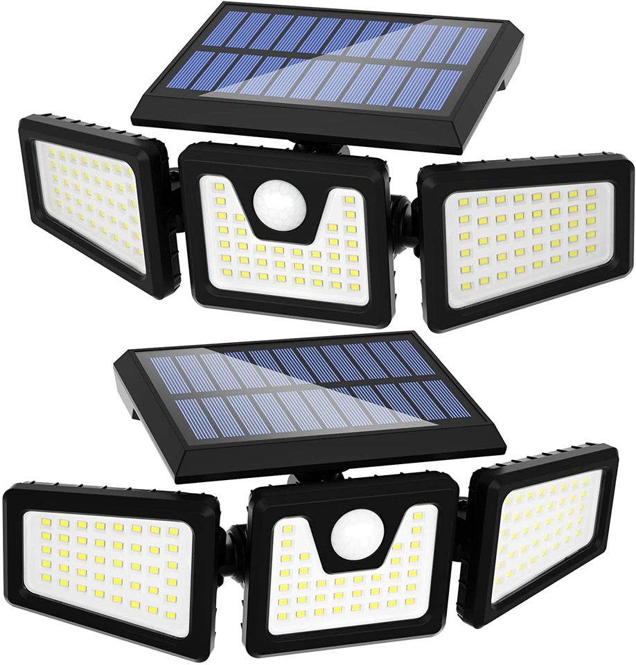 Solar Security Lights, 3 Head Motion Sensor Lights Adjustable 118LED Flood Lights Outdoor 2 Pack