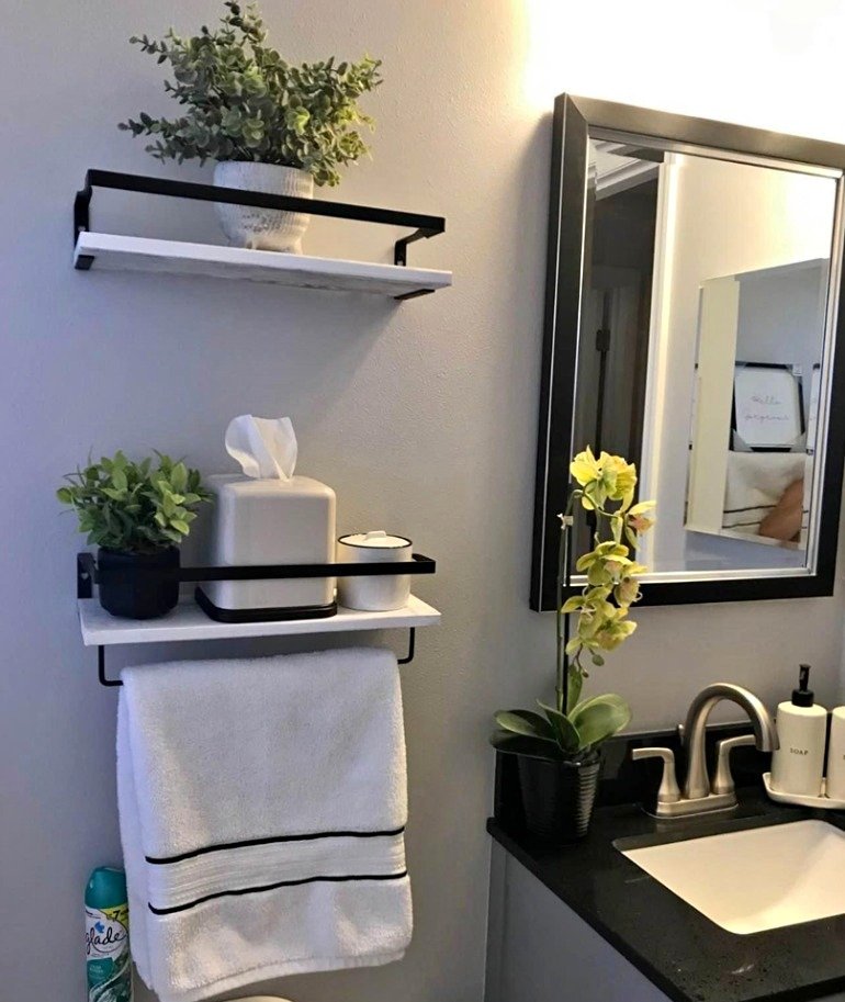 Set of 2 White Floating Shelves for Wall, Rustic Wood Floating Shelf with Rails & Towel Holder NEW