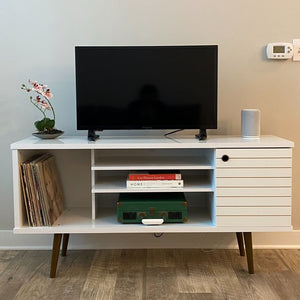 Mid-Century Modern TV Stand with Cabinet Storage and Shelves, Accommodates up to 65-Inch Television