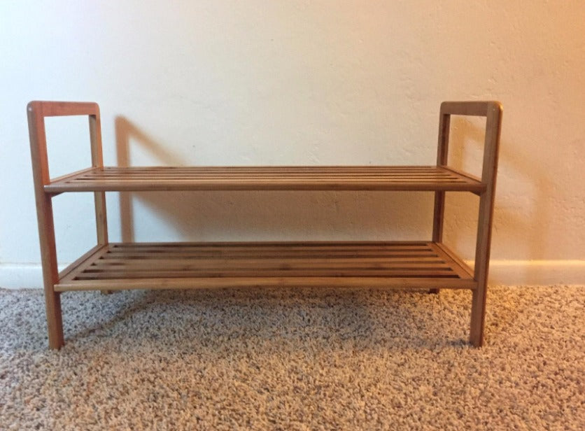 Shoe Rack, 2 Tier Natural Bamboo Wooden Organizer Stand Storage Shelf