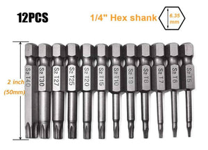 12pcs Torx Screwdriver Bit Set, 1/4" Hex Shank T5-T40 50mm Length, 6 Point Screw Driver Kit Tools