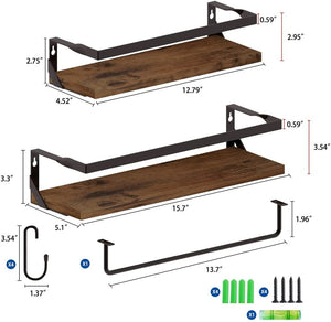 Set of 2 Brown Rustic Floating Shelves with Hooks and Towel Bar