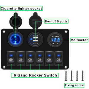 6 Gang Toggle Rocker Switch Panel Dual USB for Car Boat Marine RV Truck Blue LED
