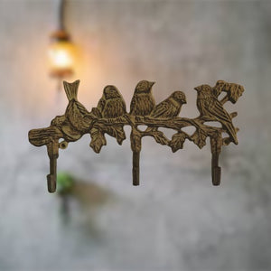 12" Wide Cast Iron Rustic Birds on Tree Branch with 3 Hooks Wall Mounted Home Decor