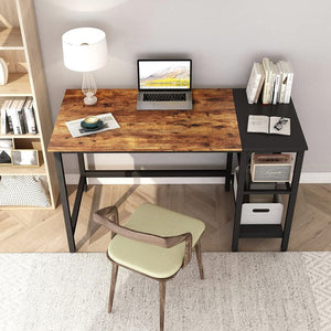 47" Solid Heavy-Duty Reversible Computer Desk With Adjustable Shelves, Sturdy PC Desk, Rustic/Black