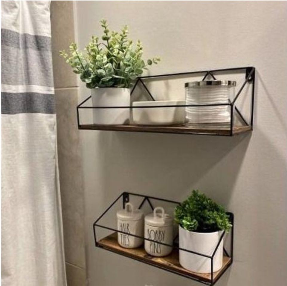 Set of 2 Wall Mount Shelves Rustic Wood Floating Storage Shelves Bathroom Shelf