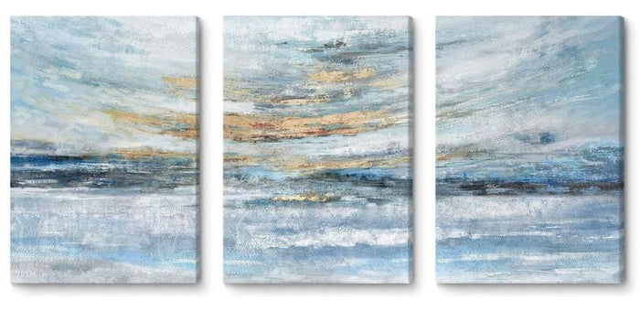 New 3 Piece Ocean Painting Coastal Theme Artwork Blue and Gold Sunset Abstract Canvas Wall Art