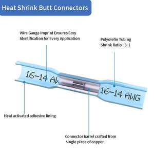 100 Pcs Blue Heat Shrink Butt Connectors, 16-14 AWG Waterproof Electrical Crimp Wire Splice